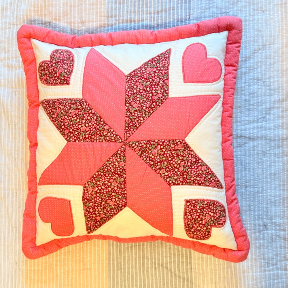 Handmade 1980's  Calico Pink LeMoyne Star & Hearts Quilted Throw Pillow 13"